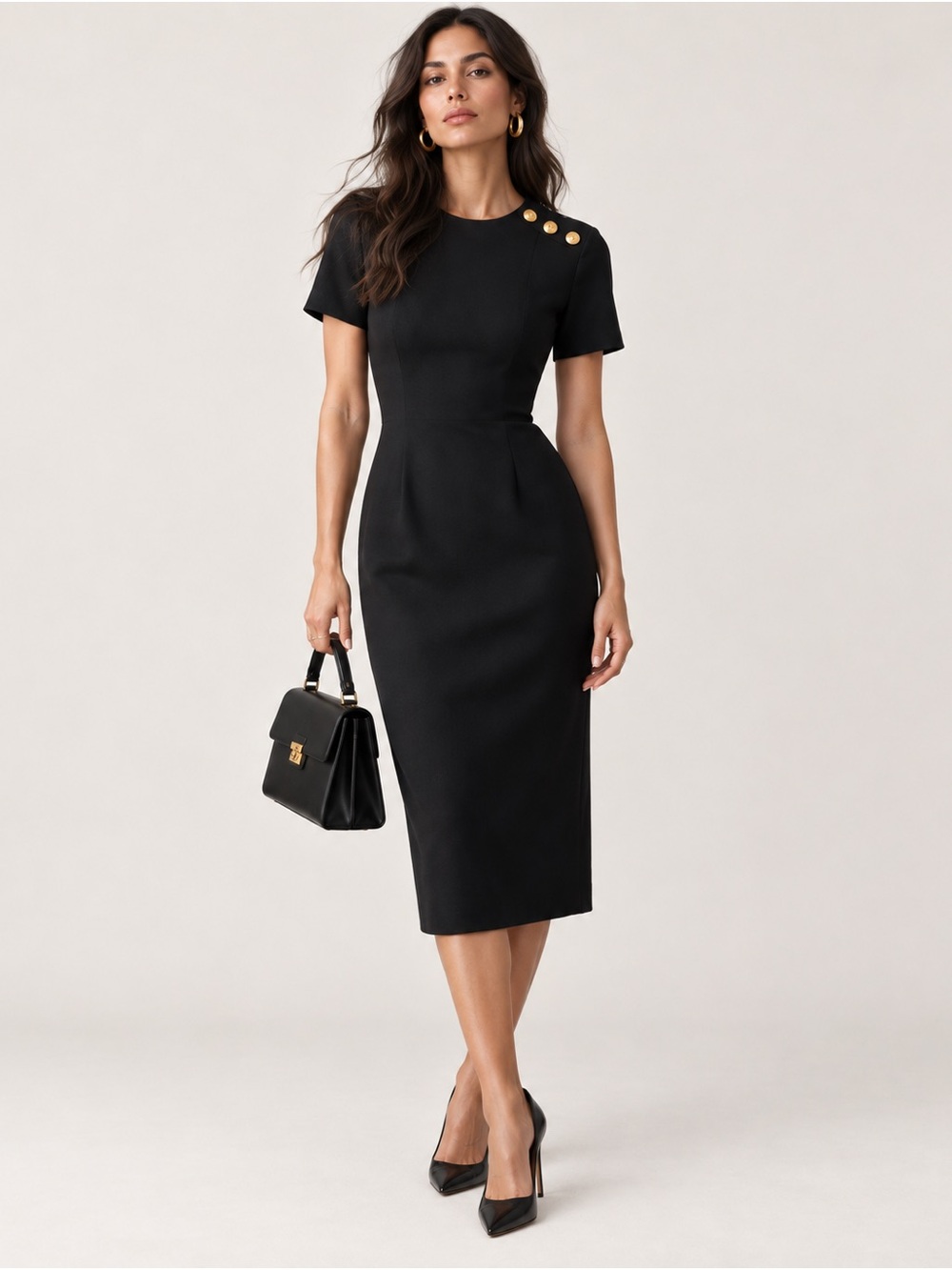 Liz Claiborne Black Midi Sheath Dress with Gold Button Detail